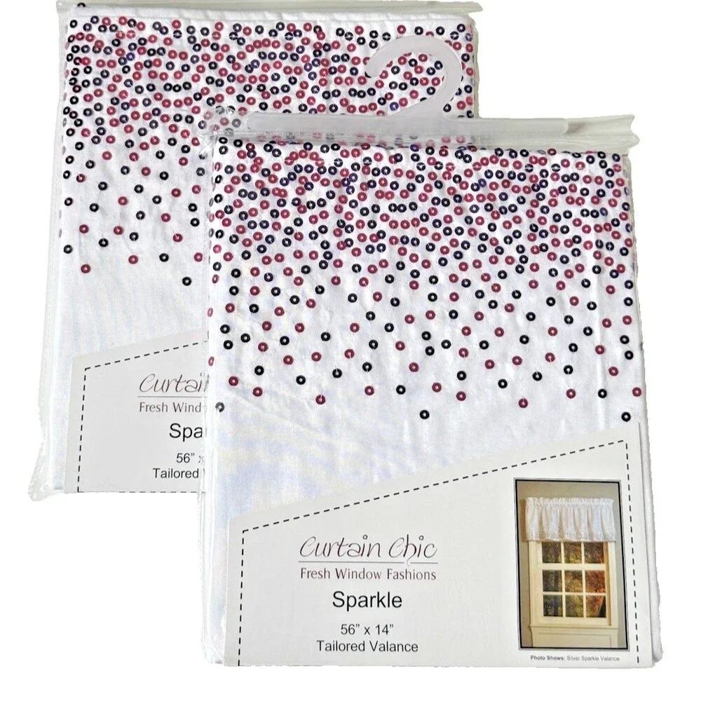Curtain Chic Sequin Sparkle Valance White Fuchsia 56X14” Rod Pocket Set of 2
